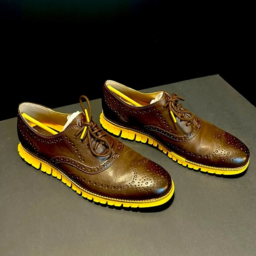 Cole Haan Brown Leather Wingtip Derbys with Yellow Sole